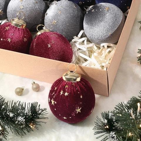 Palle Di Natale Velluto Plastica Con Motivi Stelle Dorate Per Decorazione Albero Feste Elegante