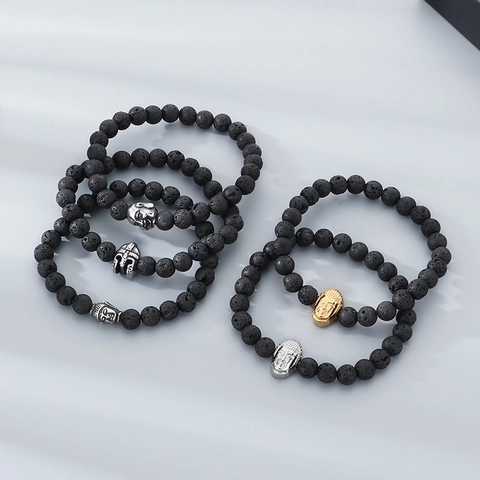 Black Lava Stone Beaded Bracelet With Stainless Steel Buddha Head Skull Spartan Helmet Charm Elastic Men Jewelry Vintage