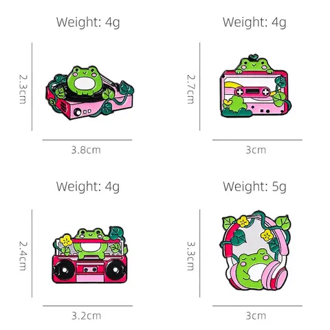 Cartoon Frosch Emaille Pin Musik Brosche Pink Schallplattenspieler Kassette Radio Kopfhörer Legierung Abzeichen Schmuck
