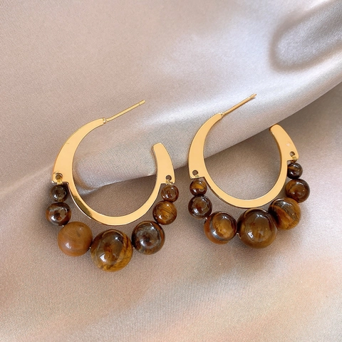 Vintage Tijgeroog Steen Kralen C-Vorm Hoop Oorbellen Legering Geometrisch Met 925 Sterling Zilveren Oorbel Post Voor Dames