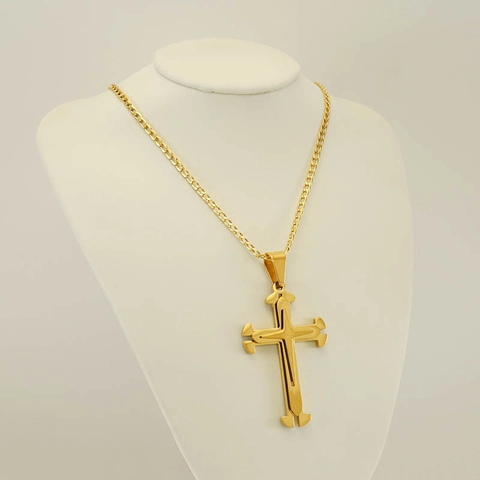 Kruis Hanger Ketting 18K Verguld Roestvrij Staal 3D Gelaagd Retro Religieuze Sieraden Voor Mannen Vrouwen