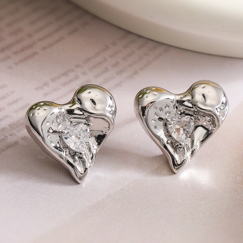 Pendientes De Botón Corazón Cobre Chapado En Oro Circonita Textura Metal Líquido Estilo Occidental Mujeres