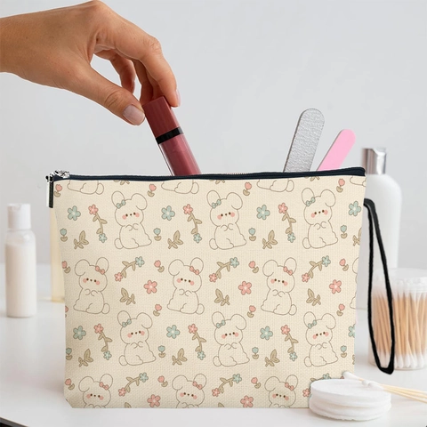 Borsa Da Trucco Con Stampa Di Coniglietto Carino In Lino Fine Pochette Cosmetica Portatile Con Cerniera Per Donna