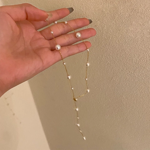 Elegant Y-Shape Artificial Pearl Necklace Gold Titanium Steel Minimalist Clavicle Chain Fashionable Long Drop Jewelry For Women