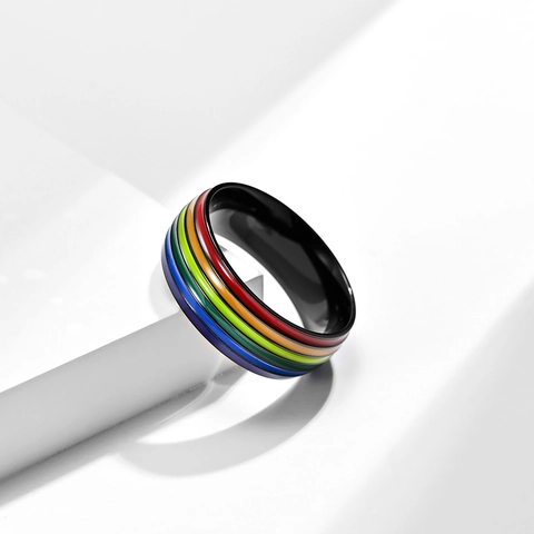 Rainbow Striped Stainless Steel Ring Pride LGBT Band For Men Women Unisex Fashion Hand Jewelry Niche Personality Finger Ring