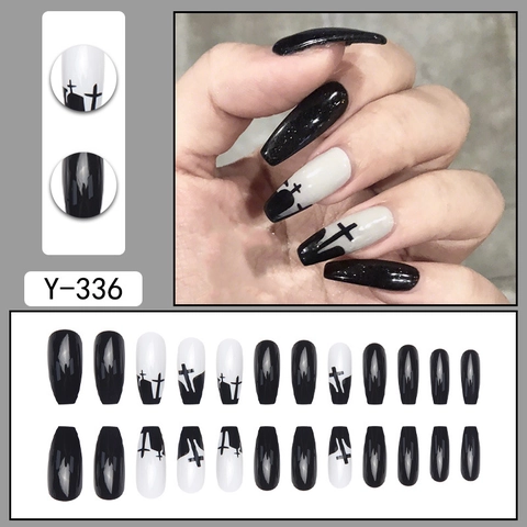 Gothic Press On Nails Long Coffin Shape Black White Cross Heart Pattern Dark Style Halloween False Nails