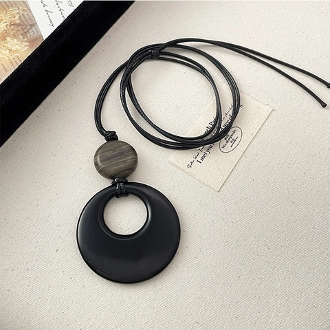 Synthetische Zwarte Agaat Ring Hanger Lange Ketting Nieuwe Chinese Stijl Retro Minimalistisch Geometrisch Koord Trui Ketting
