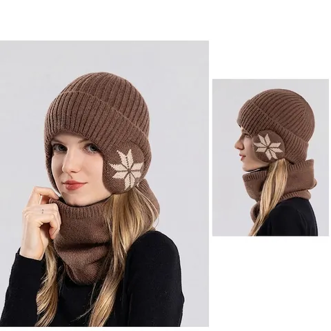 Winter Knitted Earflap Hat And Neck Warmer Scarf Fleece Lined Warm Windproof Outdoor Cycling Snowflake Pattern Acrylic