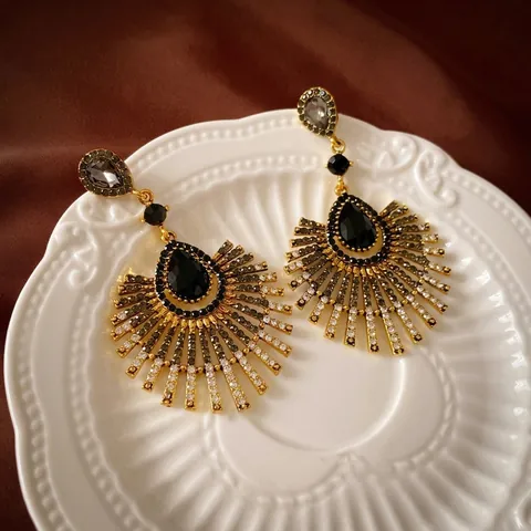 Pendientes Colgantes Estilo Palacio Retro Aleación Cristal Con Poste De Plata De Ley 925 Forma Abanico Sol