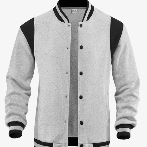 Men Varsity Jacket Contrast Patchwork Stand Collar Snap Button Casual Sports Baseball Outerwear Polyester Elastane Blend
