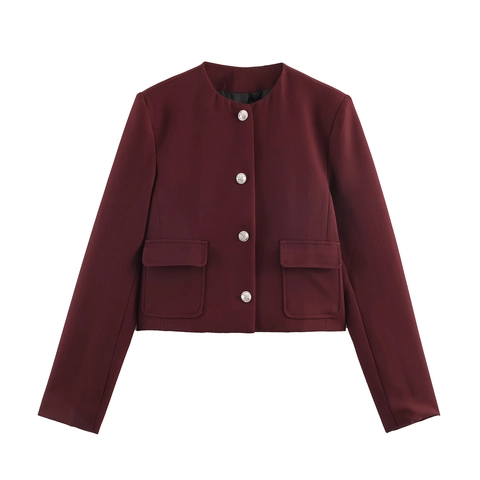 Dames Blazer Top Ronde Hals Kort Polyester Single Breasted Metalen Knoop Retro Elegant Lange Mouw Kantoorjas