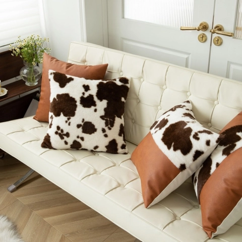 Dekorativer Kissenbezug Kuhmuster Kunstfell Und PU Leder Patchwork Kissenhülle Für Sofa Couch Schlafzimmer Dekor