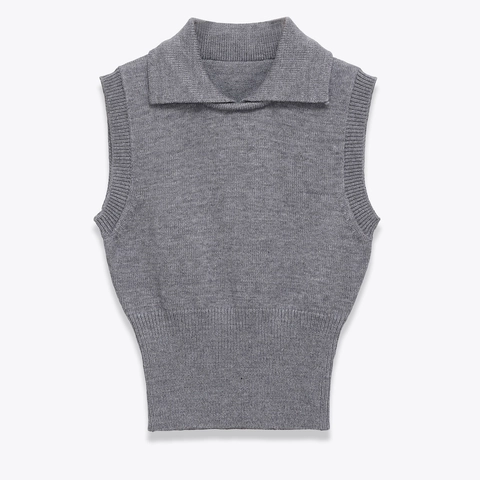 Gilet In Maglia Donna Collo Polo Maglione Senza Maniche Bordo A Costine Top Casual Chic Grigio Poliestere