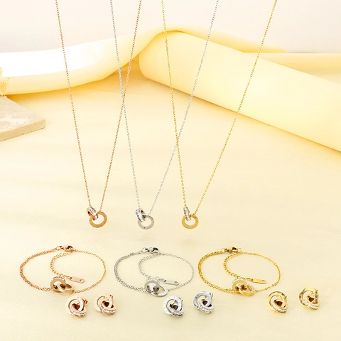 Collar Pulsera Y Pendientes De Acero Inoxidable Números Romanos Anillos Dobles Entrelazados Zirconia Para Mujeres