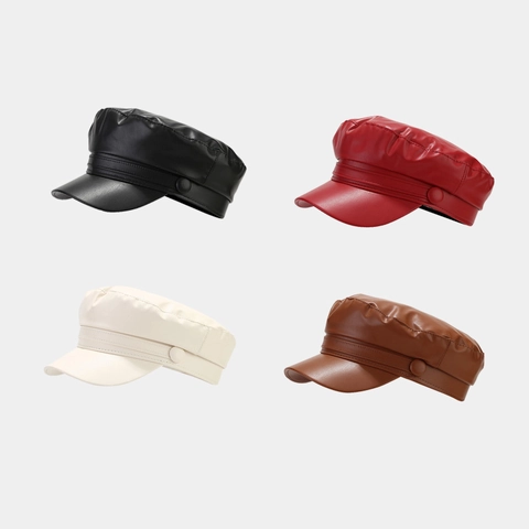 Berretto Newsboy Pelle PU Vintage Cappello Baker Boy Cima Piatta Tinta Unita Moda Ottagonale Militare Pittore Per Donne