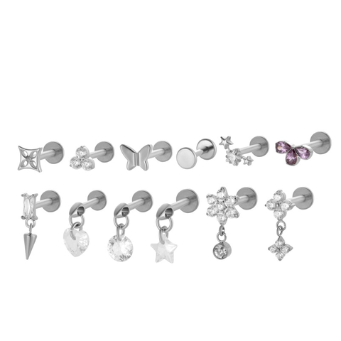 Titanium Zirconia Cartilage Piercing Stud Internal Thread Labret Flower Heart Butterfly Star Fashion Women Jewelry