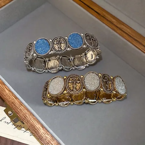 Vintage Legierung Oval Kreuz Armband Mit Glitzer Elastische Dehnbare Bangle Für Frauen Retro Religiöser Schmuck