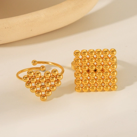 Heart Square Beaded Open Ring 18K Gold Plated Stainless Steel Adjustable Geometric Jewelry Fashion For Women