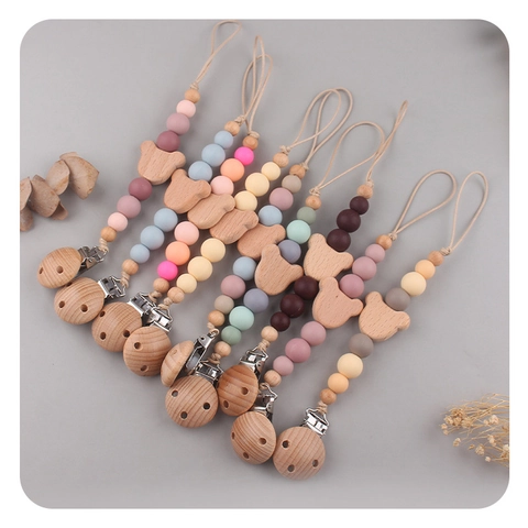 Baby Pacifier Clip Chain Silicone Beads Beech Wood Bear Teether Holder For Infants Soothing Anti-Drop Nipple Leash Strap