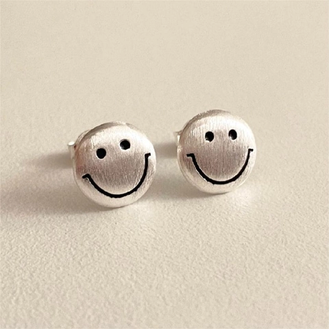 Smile Face Ohrstecker 925 Sterlingsilber Gebürstetes Mattes Finish Einfacher Runder Minimalistischer Schmuck