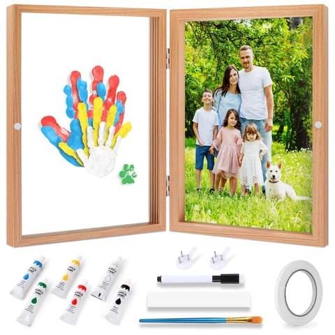 DIY Family Handprint Photo Frame Wooden Memorial Shadow Box With Acrylic Paint And Brushes For Unique Home Decor