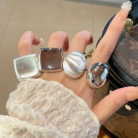 French Vintage Minimalist Alloy Ring For Women Square Oval Geometric Chunky Silver Plated Brushed Polished Adjustable