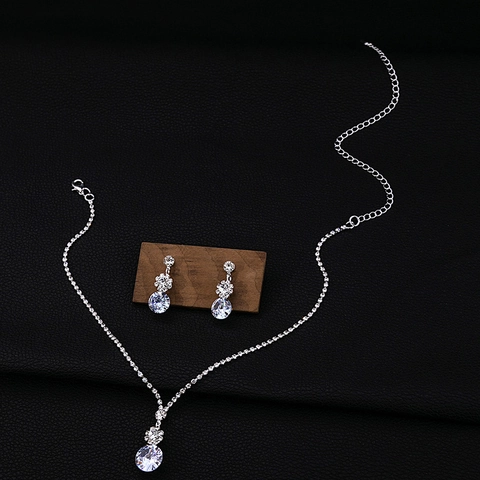 Zircon Flower Wedding Necklace And Earrings Set Rhinestone Water Drop Tassel Bridal Evening Jewelry Copper Silver Color