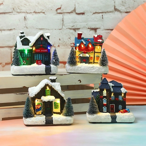 Casa In Miniatura Di Natale Luminosa Resina Capanna Innevata Led Ornamento Da Tavolo