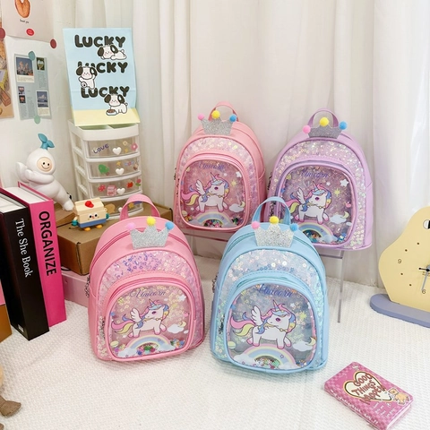 Mochila Lentejuelas Niños Cuero PU Unicornio Arcoiris Corona Decoración Escolar Niñas Pequeñas Lindas Brillantes