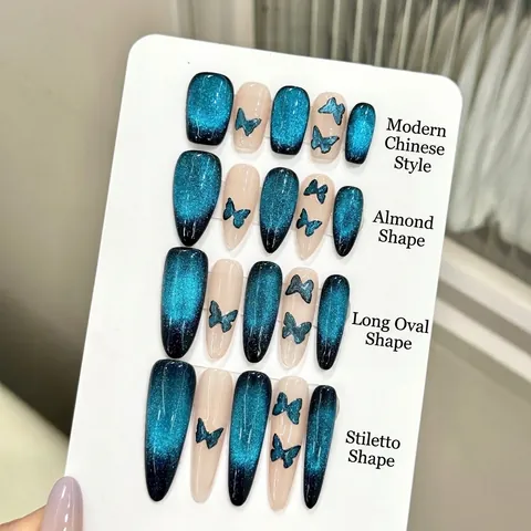 Unghie Finte Press On Occhio Di Gatto Blu Con Decorazione Farfalla 3D Glitter Sfumati