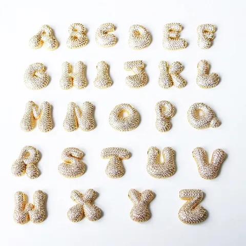 Bubble Letter Pendants Gold Plated Copper Micro Pave Cubic Zirconia Initial Alphabet 3D Balloon Style For DIY Jewelry Making
