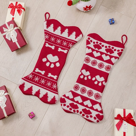 Knitted Christmas Stocking Bone Shaped Pet Paw Print Snowflake Patterns Holiday Party Home Decor Ornament