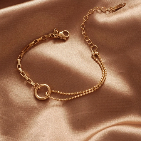 Asymmetric Stainless Steel Bracelet For Women Gold Plated Geometric Circle Double Layer Bead And Paperclip Chain