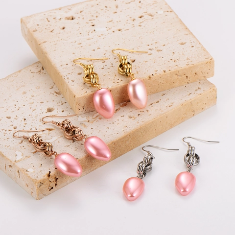 Pendientes Largos De Acero Inoxidable Perla Artificial Rosa Gota De Agua Eslabón Torcido Joyería Elegante Para Mujer