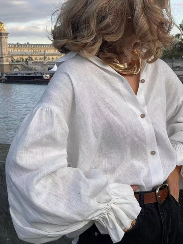 Women Cotton Linen Blouse Solid Color Long Lantern Sleeve Ruffle Cuff Button Down Shirt Casual Elegant French Style