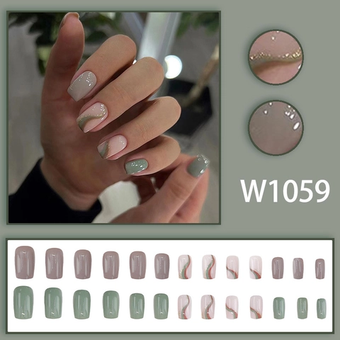 Press On Nails Morandi Green Gray Wave Pattern Glitter Glossy Square Artificial False Fingernails For Women