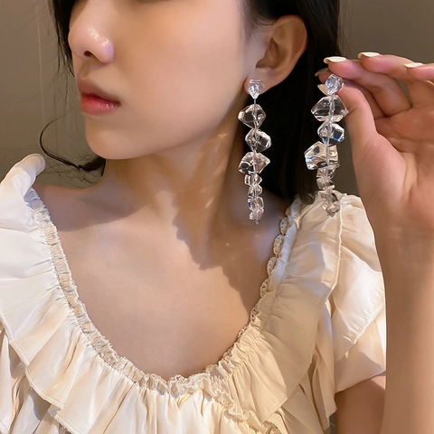 Irregular Ice Cube Acrylic Dangle Earrings With 925 Sterling Silver Earring Post Transparent Geometric Long Drop For Women