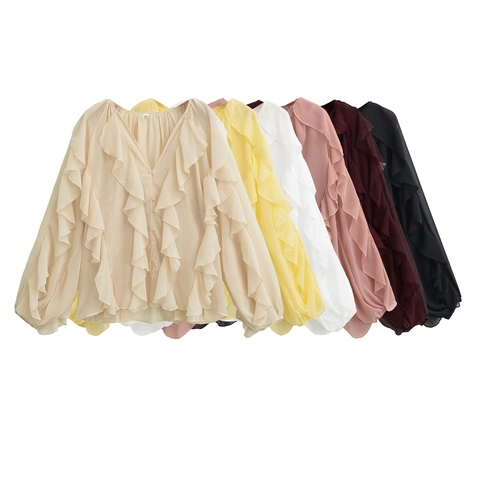 Dames Ruches Chiffon Blouse Lange Mouwen V Hals Gelaagde Frill Shirt Effen Kleur Elegant Top Met Lantaarnmouwen