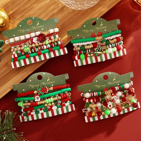 Christmas Alloy Bracelet Women Artificial Pearl Polymer Clay Santa Claus Bell Reindeer Pendant Festive Fashion Jewelry Gift