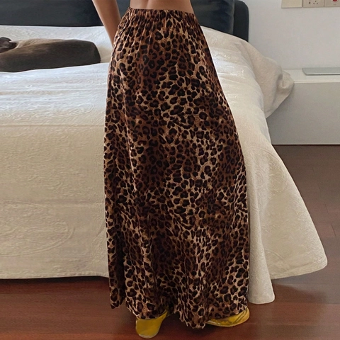 Damen Maxirock Mit Leopardenmuster Hohe Taille Elastischer Bund Retro Sexy Strickstoff Langer Drapierten Rock