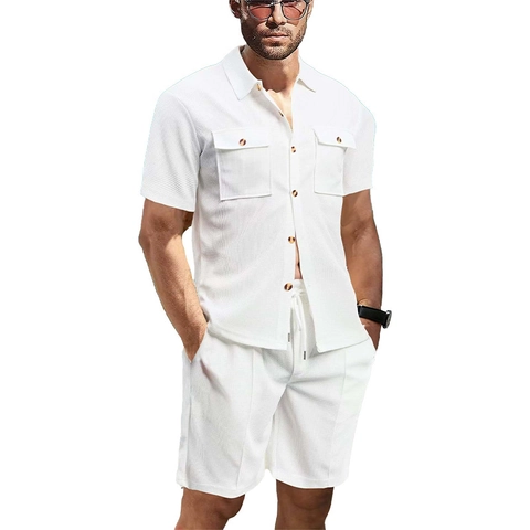 Herren Sommer Amerikanische Arbeitskleidung Waffelstrick Hemd Und Shorts Zweiteiler Oberteil Und Hose Lässig Lose Kurzarm Hemd Set