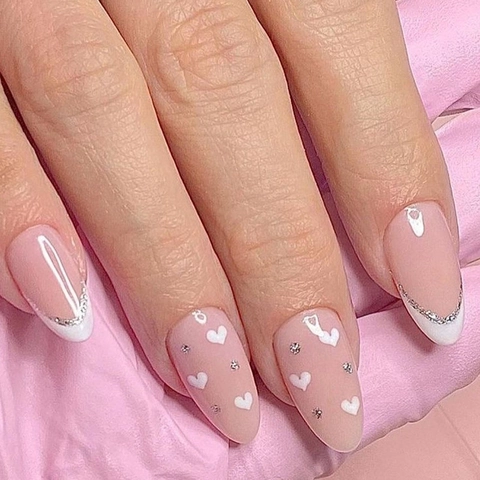 Long Almond Press On Nails Nude White French Tips Silver Glitter White Heart Elegant Artificial Fake Fingernails With Glue