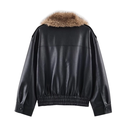 Chaqueta De Cuero Sintético Para Mujer Con Cuello De Piel Sintética Desmontable Corta Cremallera Dobladillo Elástico
