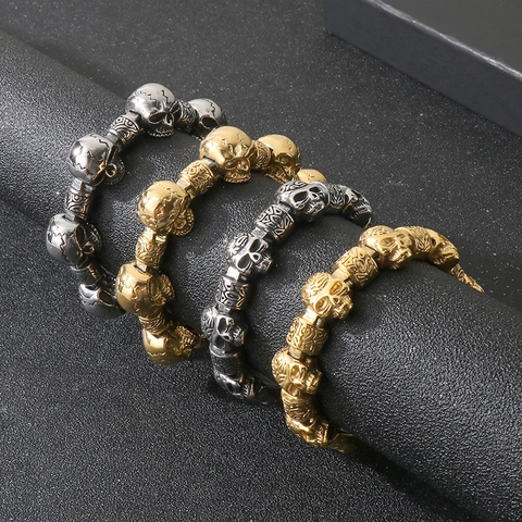 Men Stainless Steel Skull Chain Bracelet Punk Gothic Retro Carved Beads Hip Hop Motorcyclist Hand Jewelry