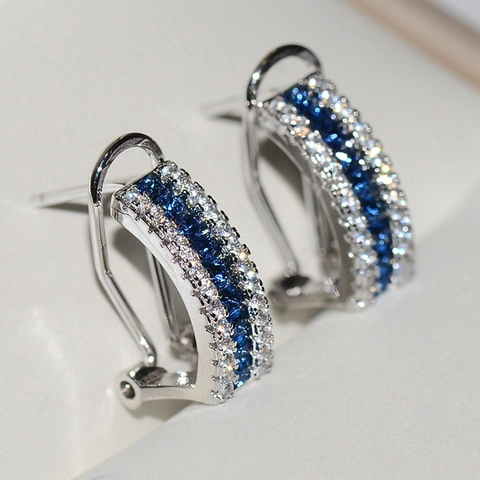 Elegant J-Shaped Hoop Earrings Copper With Blue And White Cubic Zirconia Multi Row Pave Setting Fashion For Women