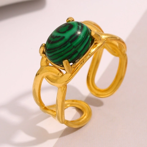 Vintage Malachiet Ring Open Verstelbaar Roestvrij Staal 18K Verguld Hol Ontwerp Sieraden Voor Dames Franse Stijl