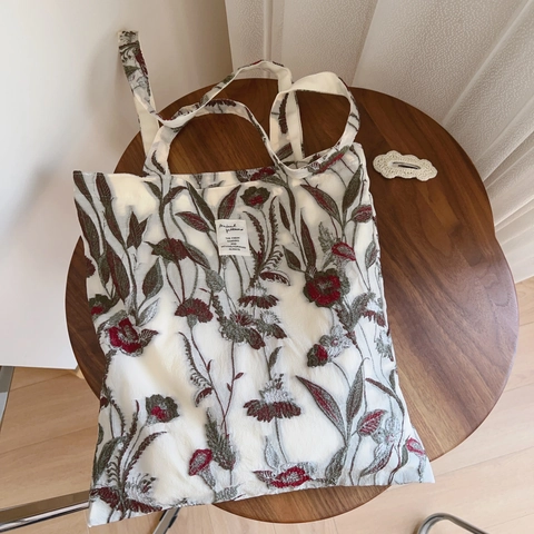 Floral Bestickte Canvas Tote Bag Französisch Vintage Baumwolle Schultertasche Für Damen Minimalistisch Literarisch