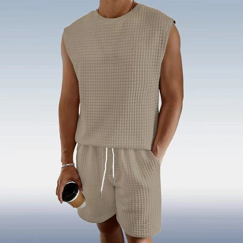 Débardeur Sans Manches Et Short En Tricot Gaufre Pour Hommes Texture À Carreaux Couleur Unie Tenue De Sport D'Été