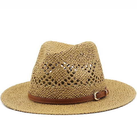 Straw Fedora Hat Breathable Hollow Out Panama Style Wide Brim Summer Beach Sun Hat For Men Women With Leather Band