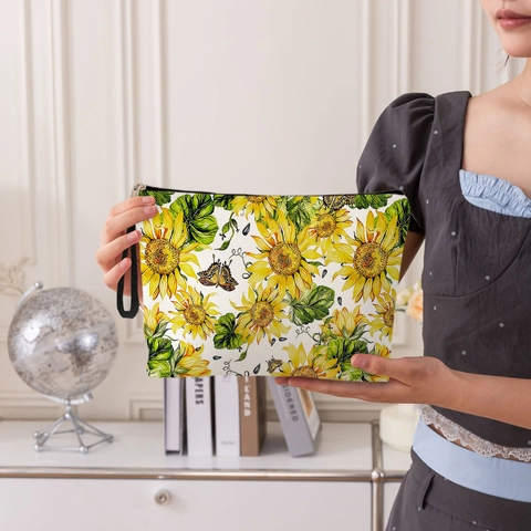 Sunflower Butterfly Print Makeup Bag Linen Polyester Cosmetic Pouch Zipper Portable Storage Case For Women Students